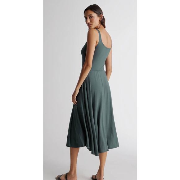 Quince Tencel Jersey Fit & Flare Dress in Dark Olive. Size S - Picture 3 of 8